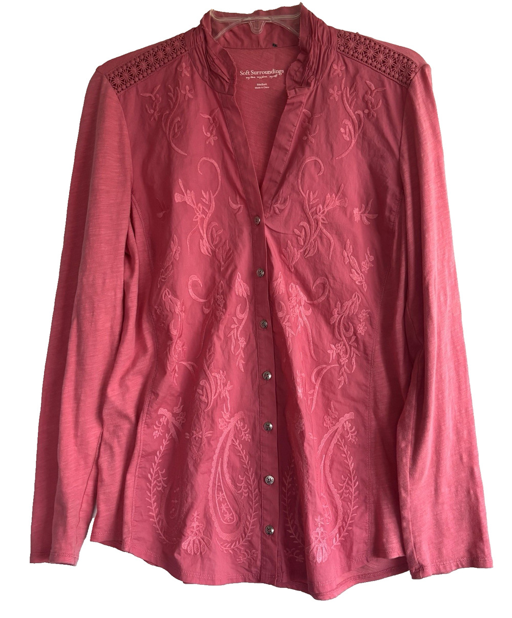 Soft Surroundings Embroidered Floral Tunic Top Size M Button Shirt Long sleeve